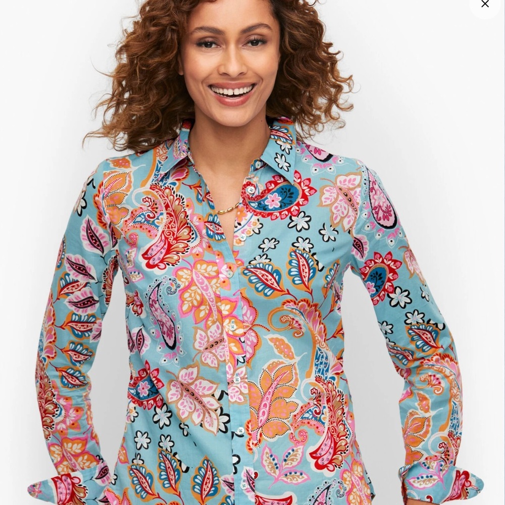 Talbots Multicolor Teal Blue Floral Paisley Blouse SZ-Large